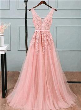 Picture of Pink Tulle A-line Simple Long Party Dresses, A-line Formal Dress Evening Dresses